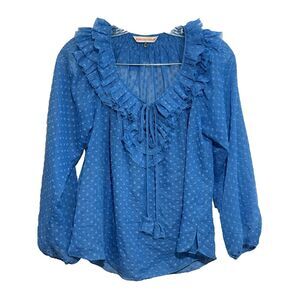 Rebecca Taylor Sheer Blouse Blue Long Sleeve Ruffle Swiss Dot Top, size 0‎